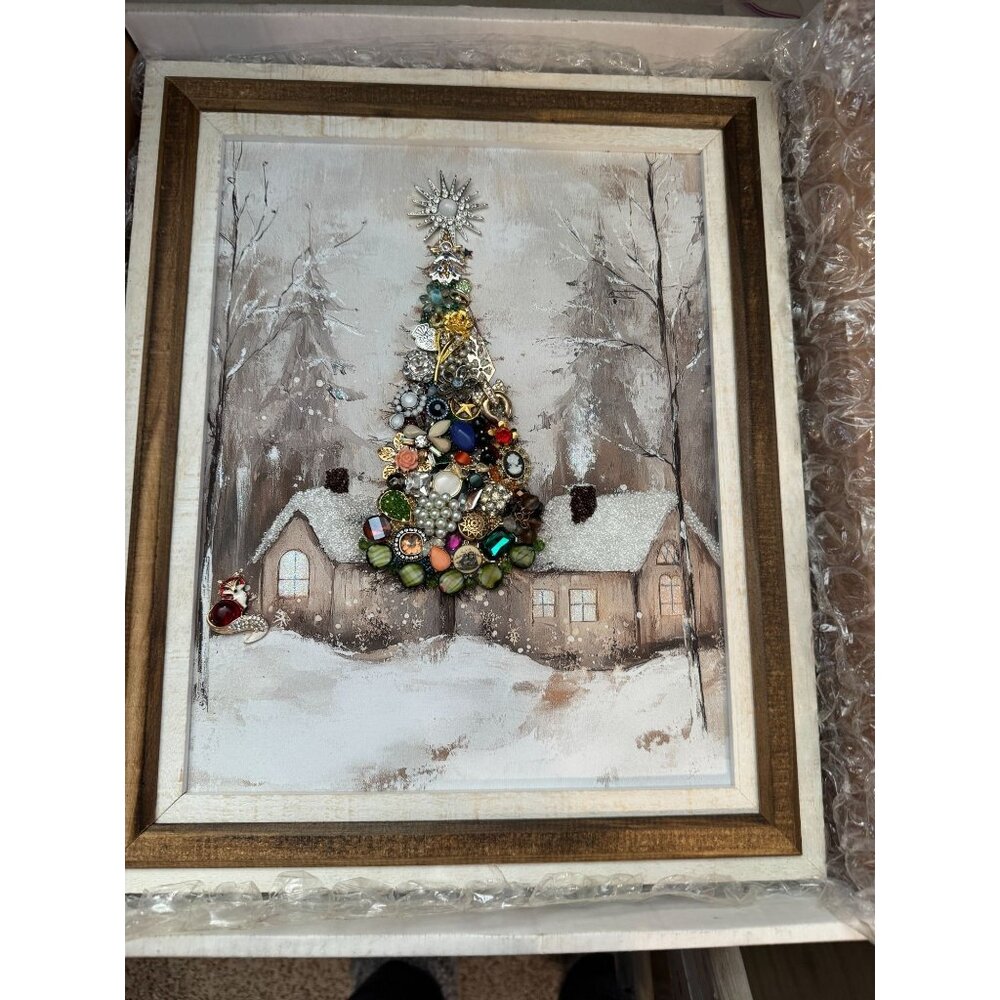 Designs By Betty Jewelry Art Christmas Tree Cabin Scene 14" X 17" Logo Signed - Picture 2 of 9